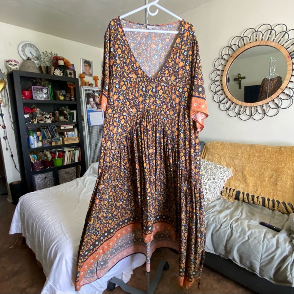 Cottagecore Black Orange Ditsy Floral Pleated Maxi Dress Tall Plus Size 26/28 - Picture 3 of 17